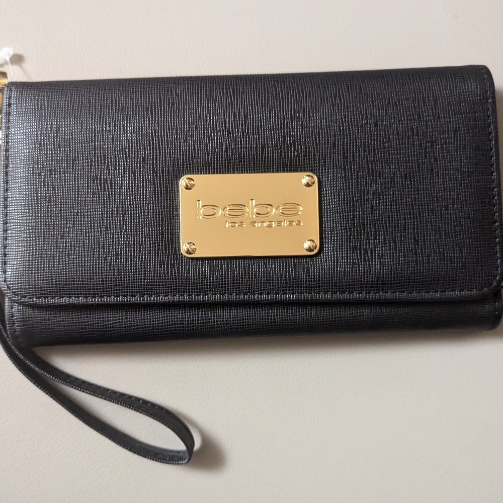 NWOT "bebe los angeles" Women's Black Wallet Gold Logo & Accents w/Wrist Strap